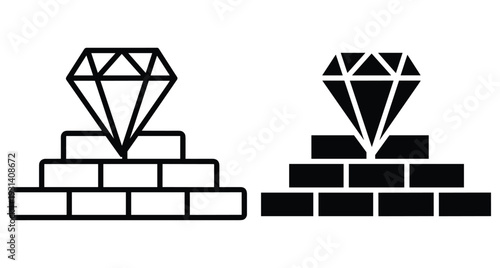 Diamond icon on top of a brick wall pyramid representing success wealth achievement and value in outline and solid black styles