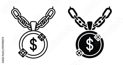 gold chain necklace with dollar sign pendant and diamond sparkles icon set for hip hop jewelry fashion wealth and money symbol