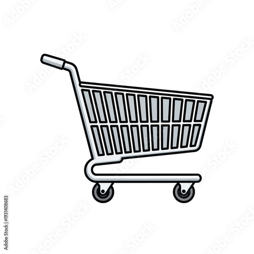 Vector illustration of a shopping cart on wheels, viewed from the side, in a retail environment