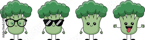 Four green broccoli characters with different expressions and accessories