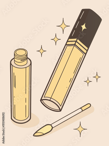 Elegant illustration of a liquid concealer bottle and applicator with sparkling accents.