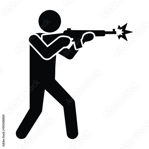 Stick figure man shooting automatic rifle weapon silhouette icon for war combat hunting or military training exercise