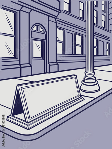 Empty Aframe sign on urban sidewalk in front of building.