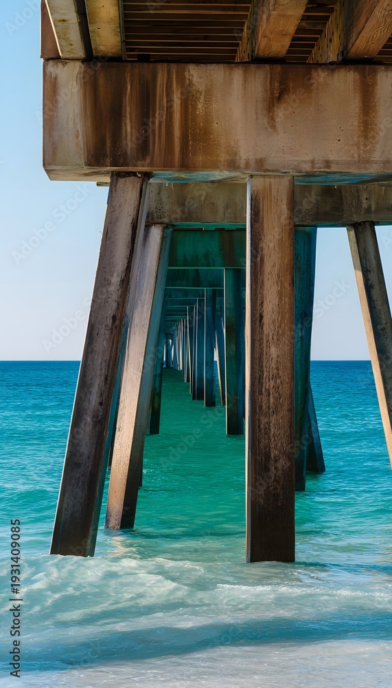 Fototapeta premium Navarre Beach Pier Serenity Calm Turquoise Gulf Waters Warm Sunlight Coastal Landscape Image