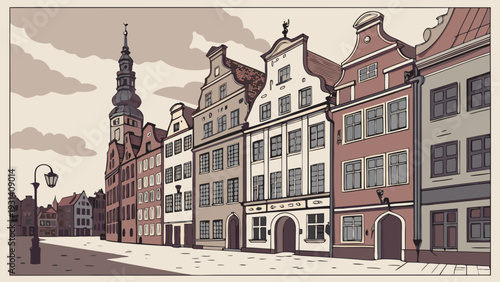 Historic European City Street with Traditional Architecture and Clock Tower.