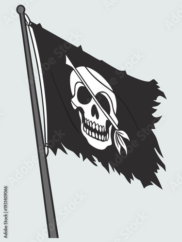 Jolly Roger Pirate Flag with Skull and Arrow Design.