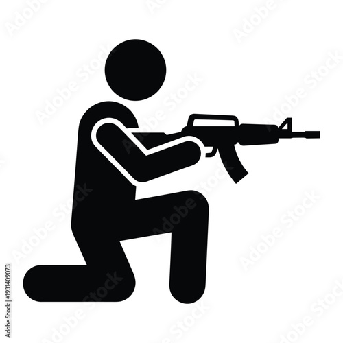 Kneeling soldier silhouette aiming assault rifle weapon for military combat war defense security tactical training mission operations icon