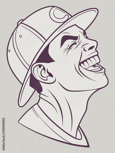 Joyful Firefighter Laughing with Open Mouth and Closed Eyes.