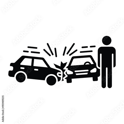 Car accident icon showing two vehicles colliding head on with a person standing nearby for insurance claim