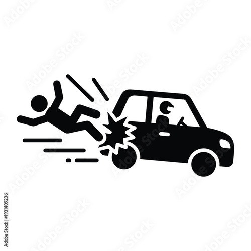 Car hitting pedestrian road accident icon showing vehicle collision with person flying in air safety warning symbol