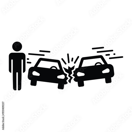 Car crash icon depicting two vehicles in a head on collision with a person standing beside the wreck