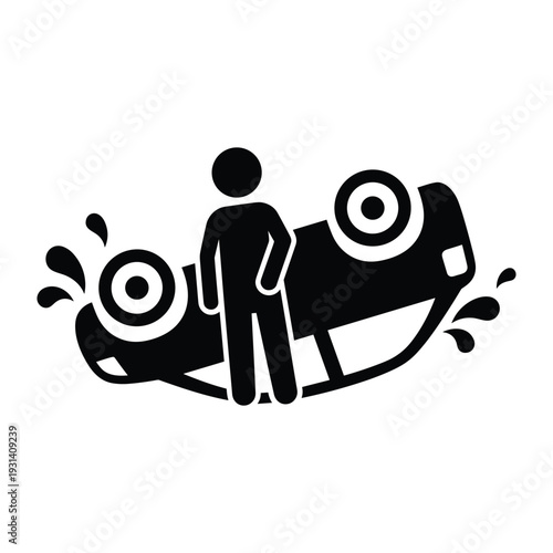 Car accident icon showing a person standing next to an overturned vehicle after a crash on the road