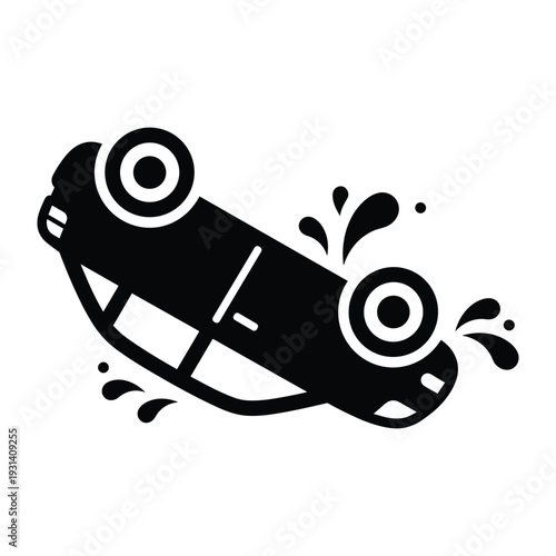 Black silhouette of a car flipped upside down representing a vehicle accident crash or rollover emergency situation