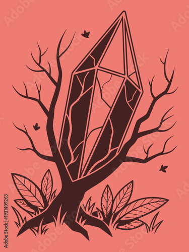 Mystical Crystal Shard Embedded in a Barren Tree.