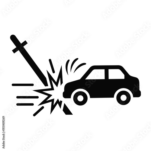 Car accident icon showing a sharp sword striking a vehicle causing a crash impact with explosion sparks