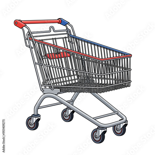 An empty shopping cart viewed from the side in a retail store environment illustration