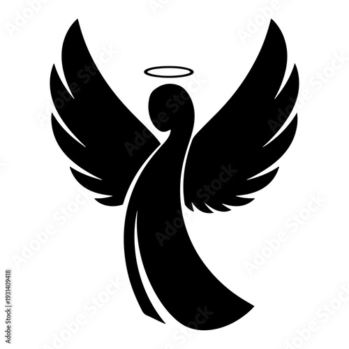 Abstract black silhouette of a guardian angel with wings and a halo in vector format
