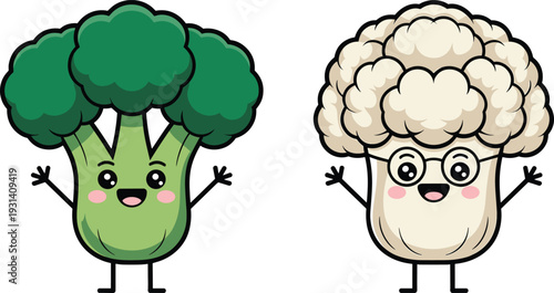 Two cartoon vegetables with arms and faces standing side by side