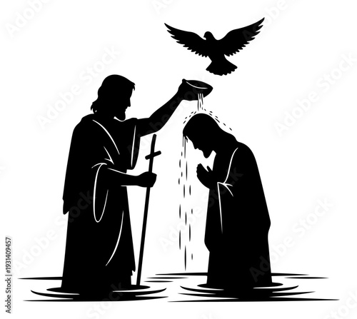 Narrative vector illustration depicting the baptism of jesus christ by john the baptist with a dove
