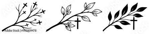 Set of black and white religious olive branch silhouettes with crosses for funeral or memorial design