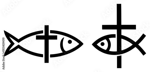 Set of two christian fish symbols combined with a holy cross in minimalist vector style