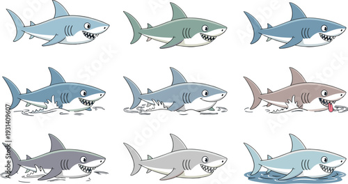 Nine cartoon sharks in different colors swimming blue green