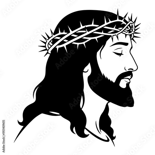 Large black and white profile portrait of Jesus Christ wearing the crown of thorns in silhouette style