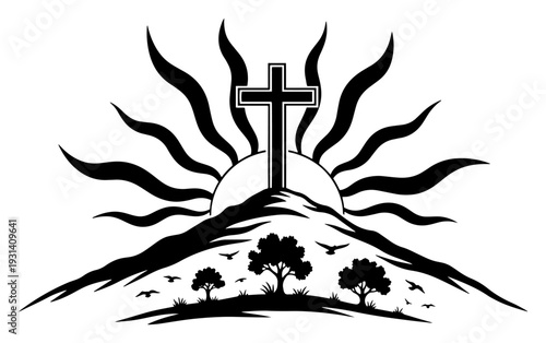 Christian cross on a hill with rising sun rays and landscape trees in black and white vector style