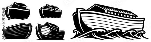 Set of Noah Ark boat icons floating on sea waves in minimalist black and white vector design