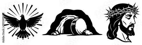 Collection of religious symbols featuring the holy spirit dove empty tomb and jesus christ face