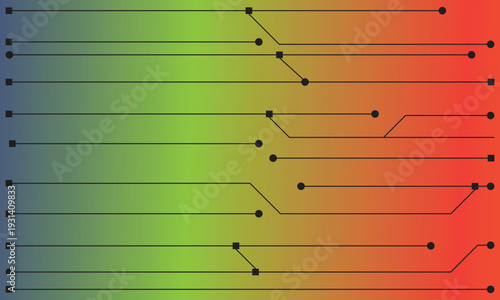 Abstract circuit board lines and nodes on a blue green orange gradient background connections