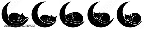 Five repeating black silhouettes of a cat sleeping inside a crescent moon symbol