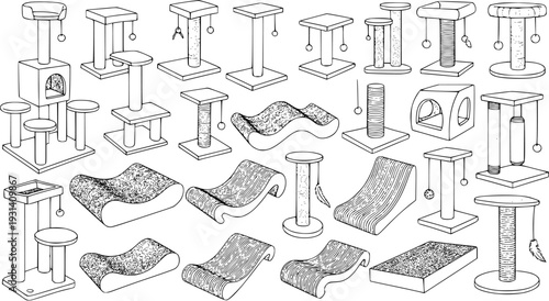 Cat Scratching Post and Bed Collection Line Art Illustration