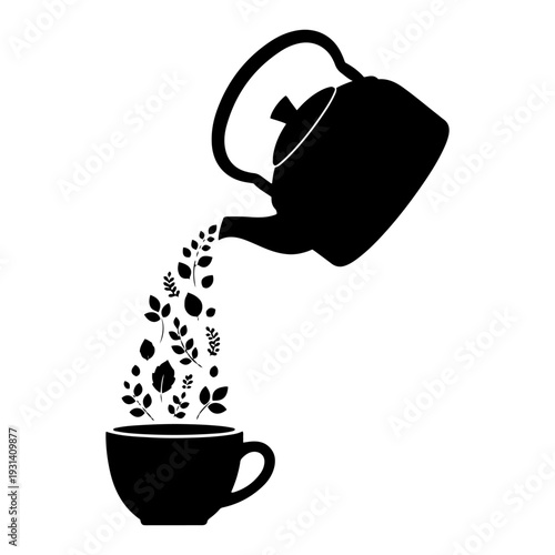 Black vector silhouette of a teapot pouring herbal tea leaves into a cup