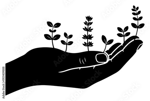 Human hand silhouette cradling small growing plants representing environmental care and nature growth