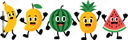 Colorful cartoon fruits with arms and legs dancing in a row