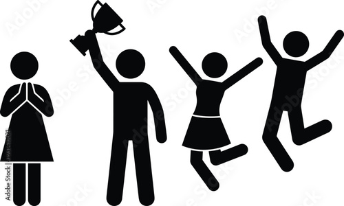 Black silhouettes of people celebrating with trophy and jumping for joy