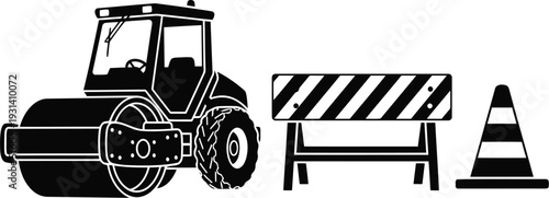Heavy Construction Silhouette Featuring Industrial Road Roller Compactor with Safety Barricade and Traffic Cone for Street Paving and Repair