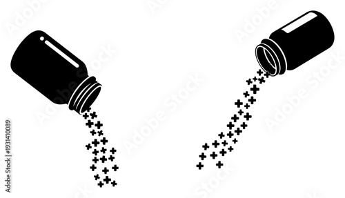 Pill bottles pouring out medical cross shapes in black and white silhouette vector