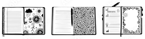 Open notebooks with artistic doodles sketches and handwritten notes in black vector style