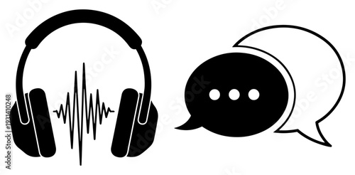 Headphones with sound waves and speech bubbles icons for communication and audio design