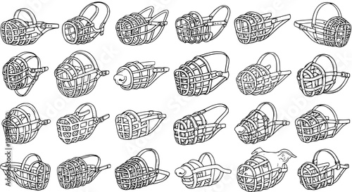 Detailed Set of Various Dog Muzzles Illustrations - Collection of Different Types and Styles of Pet Safety Devices in Black and White Line Art