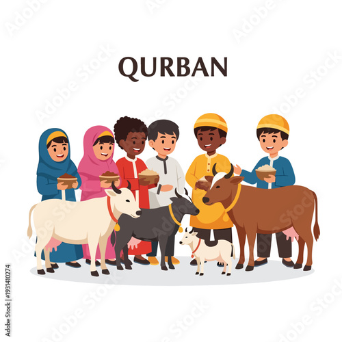 Illustration of people from diverse backgrounds standing together with sacrificial animals for Qurban celebration