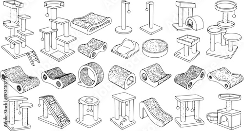 Cat Furniture Collection: Isometric Line Art Vector Illustration