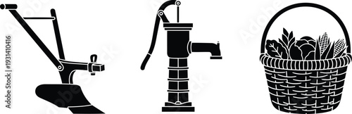 Vintage Farming Silhouette Featuring Manual Walk-Behind Plow Antique Water Hand Pump and Woven Wicker Harvest Basket with Vegetables