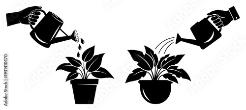 Hand watering potted plants with a watering can in minimalist black and white silhouette