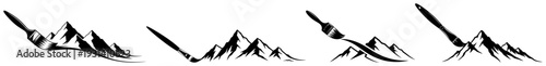 Paintbrushes creating mountain landscape peaks in minimalist black and white vector style