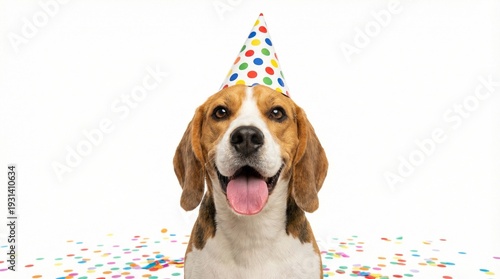 Happy beagle dog wearing polka dot party hat celebrating with confetti