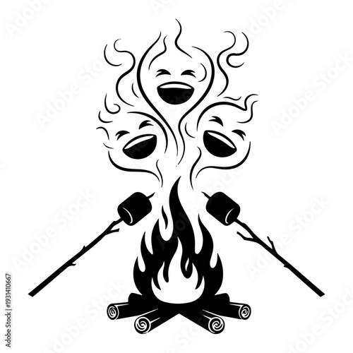 Creative illustration of a campfire with marshmallows and laughing faces in the smoke
