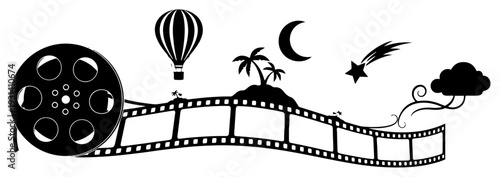 Cinema film strip containing travel adventures with hot air balloon and tropical island elements